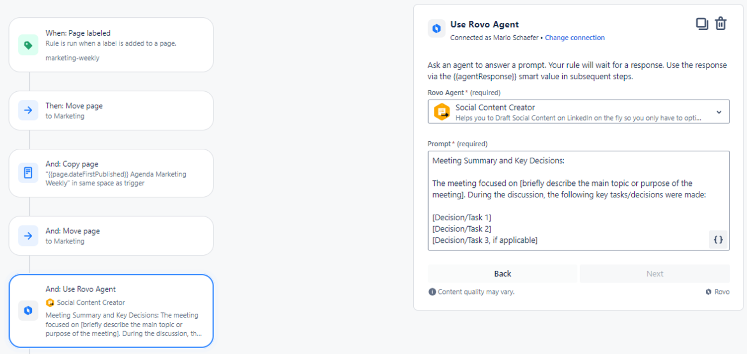 Screenshot einer Confluence-Automatisierungsregel: links die Schritte von „Page labeled" über Verschieben und Kopieren bis „Use Rovo Agent", rechts der Prompt für die Meeting-Zusammenfassung