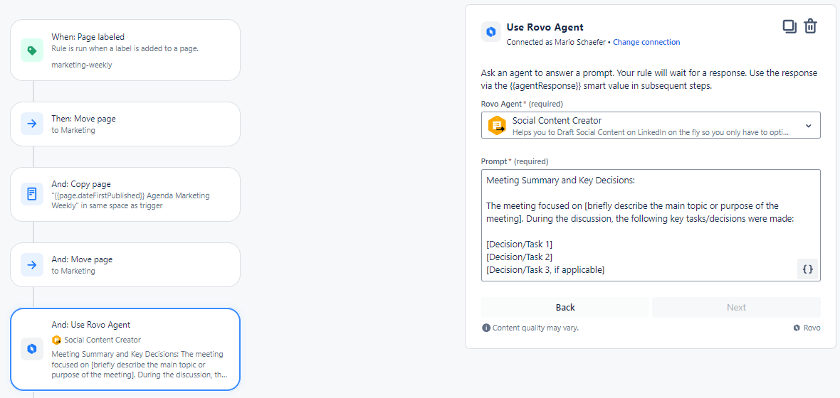 Screenshot einer Confluence-Automatisierungsregel: links die Schritte von „Page labeled" über Verschieben und Kopieren bis „Use Rovo Agent", rechts der Prompt für die Meeting-Zusammenfassung