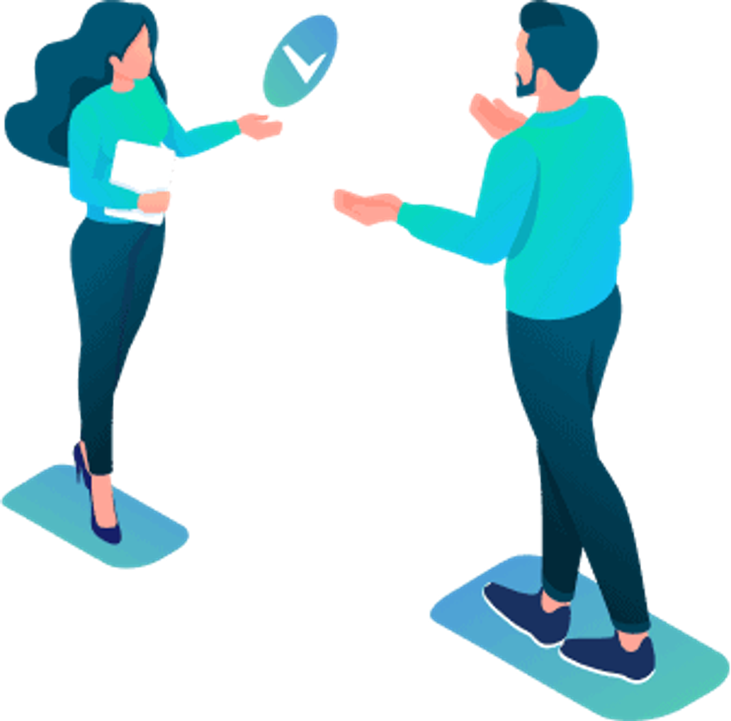 Two people face each other, with a speech bubble containing a checkmark between them