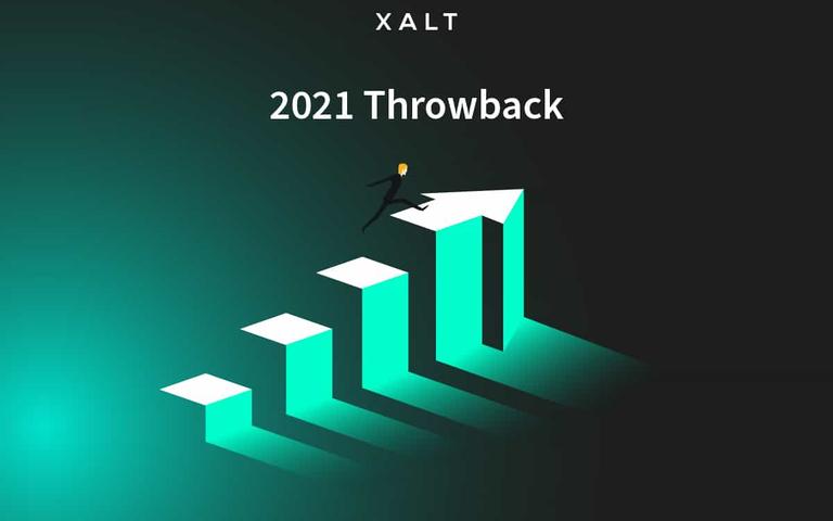 XALT Throwback 2021: blue steps with ascending arrow, symbolizing growth and progress.
