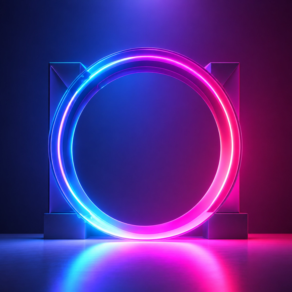 A glowing blue and pink ring between two pillars, reflected on the floor