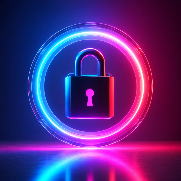 A padlock inside a glowing ring of blue and pink light
