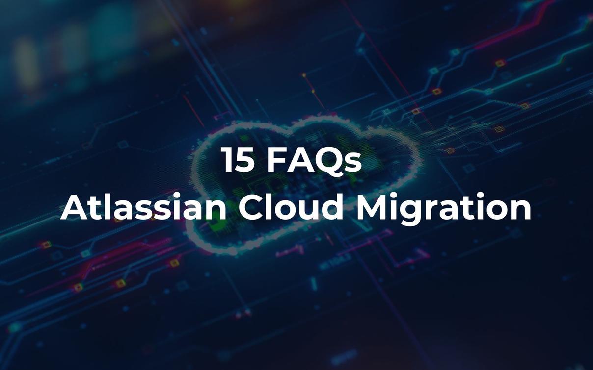 Wolkenförmiger Umriss mit dem Text 15 FAQs Atlassian Cloud Migration auf einem Circuit-Board-Hintergrund.