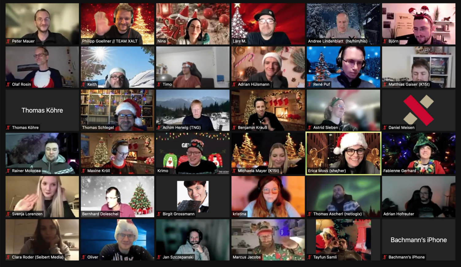 Screenshot einer Videokonferenz mit rund 30 Teilnehmenden in Kacheln, viele mit Weihnachtsmützen und weihnachtlichen Hintergründen