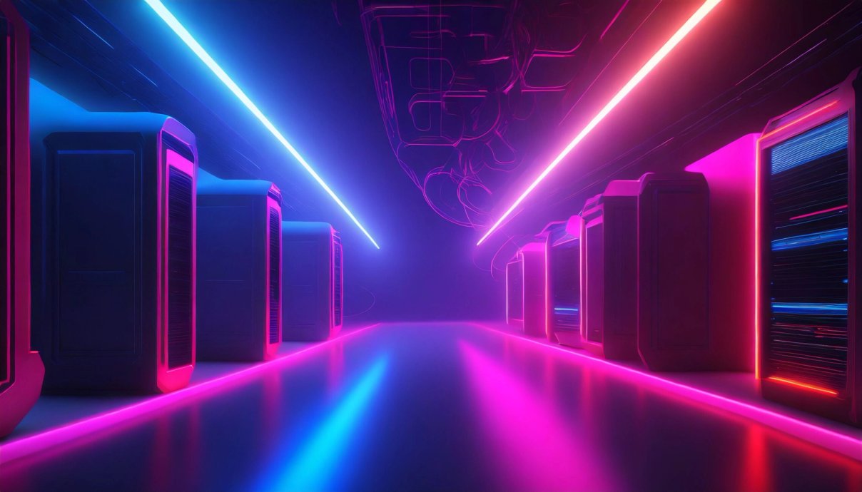 Ein Serverraum in blauem und magentafarbenem Neonlicht, zwei Reihen Serverschränke an den Wänden
