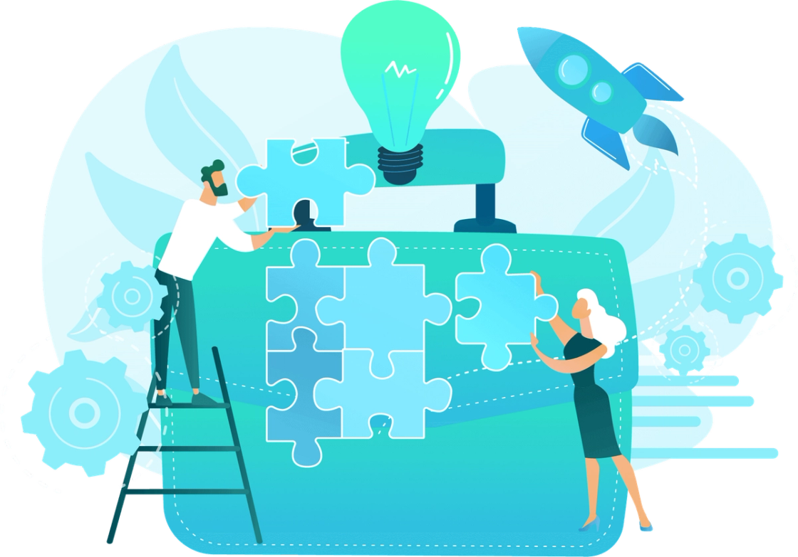 Flache Illustration: ein Mann auf einer Leiter und eine Frau fuegen Puzzleteile auf einer Tafel zusammen, im Hintergrund eine Gluehbirne und eine Rakete