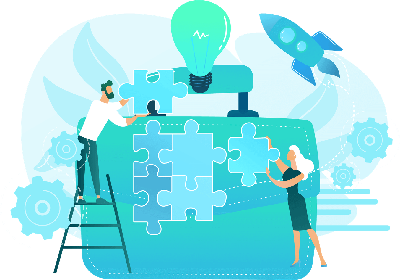 Flache Illustration: ein Mann auf einer Leiter und eine Frau fuegen Puzzleteile auf einer Tafel zusammen, im Hintergrund eine Gluehbirne und eine Rakete