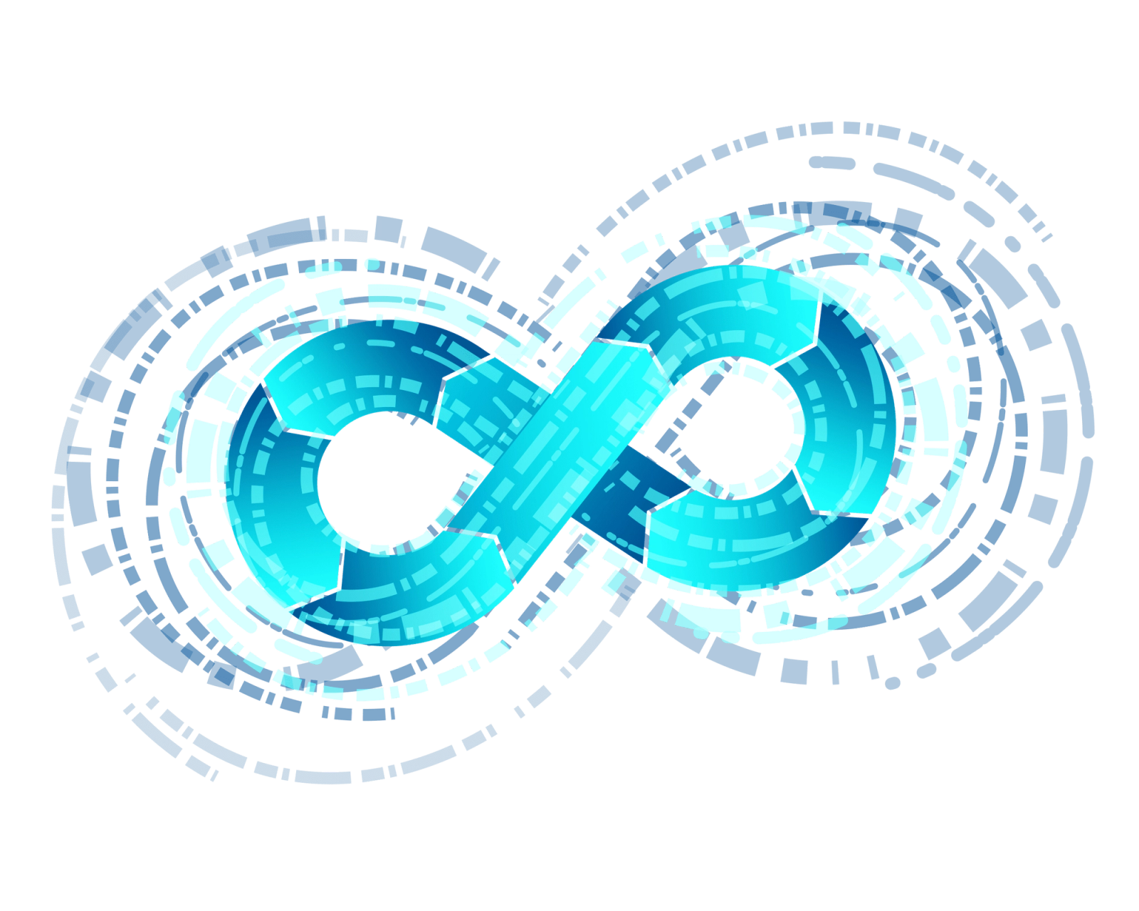 Ein Endlos-Symbol aus türkisen und blauen Segmenten, umgeben von punktierten Ringen