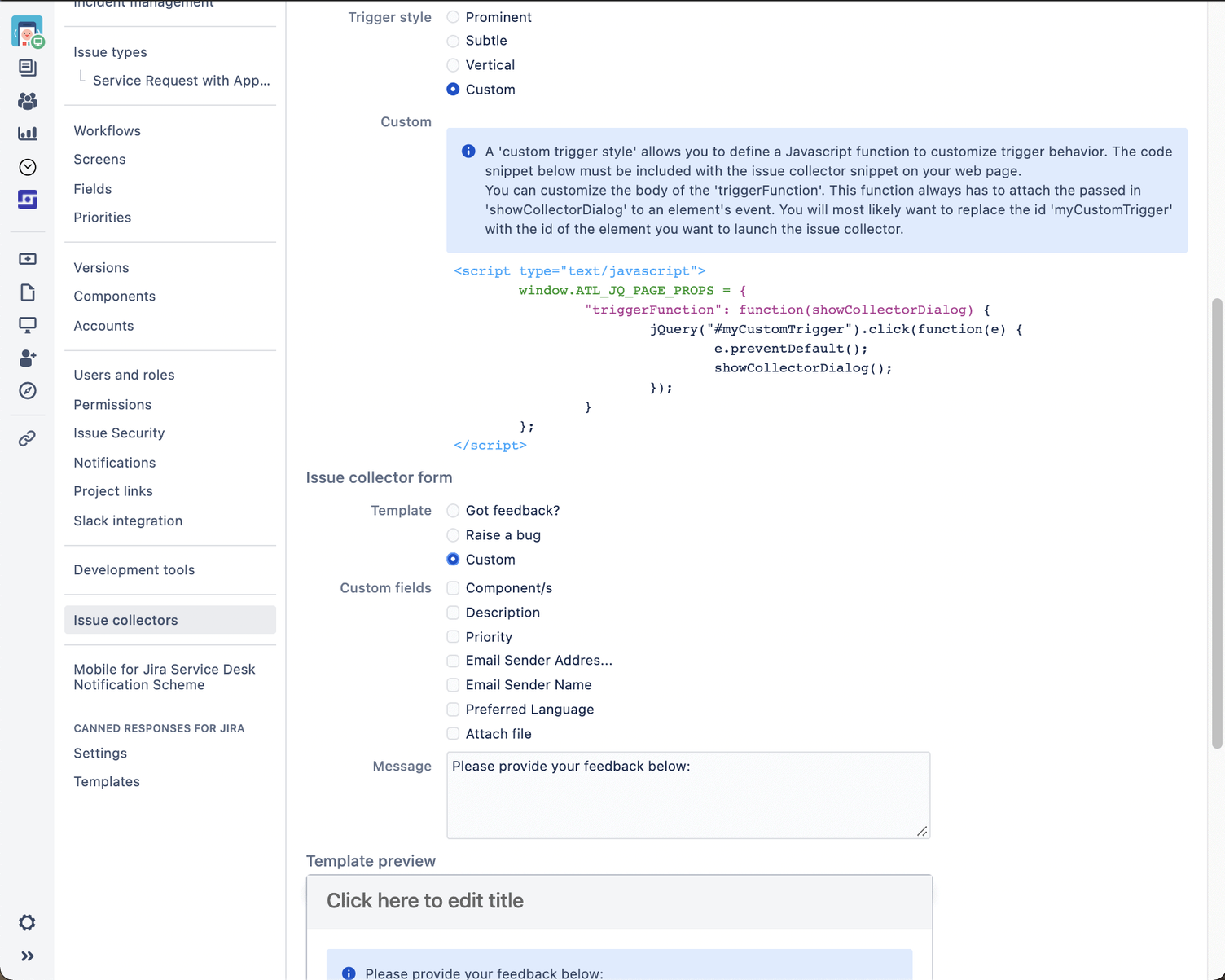 Die Einstellungsseite eines Issue Collectors in Jira: Auswahl des Trigger-Stils, ein JavaScript-Ausschnitt, Formularfelder und eine Vorschau