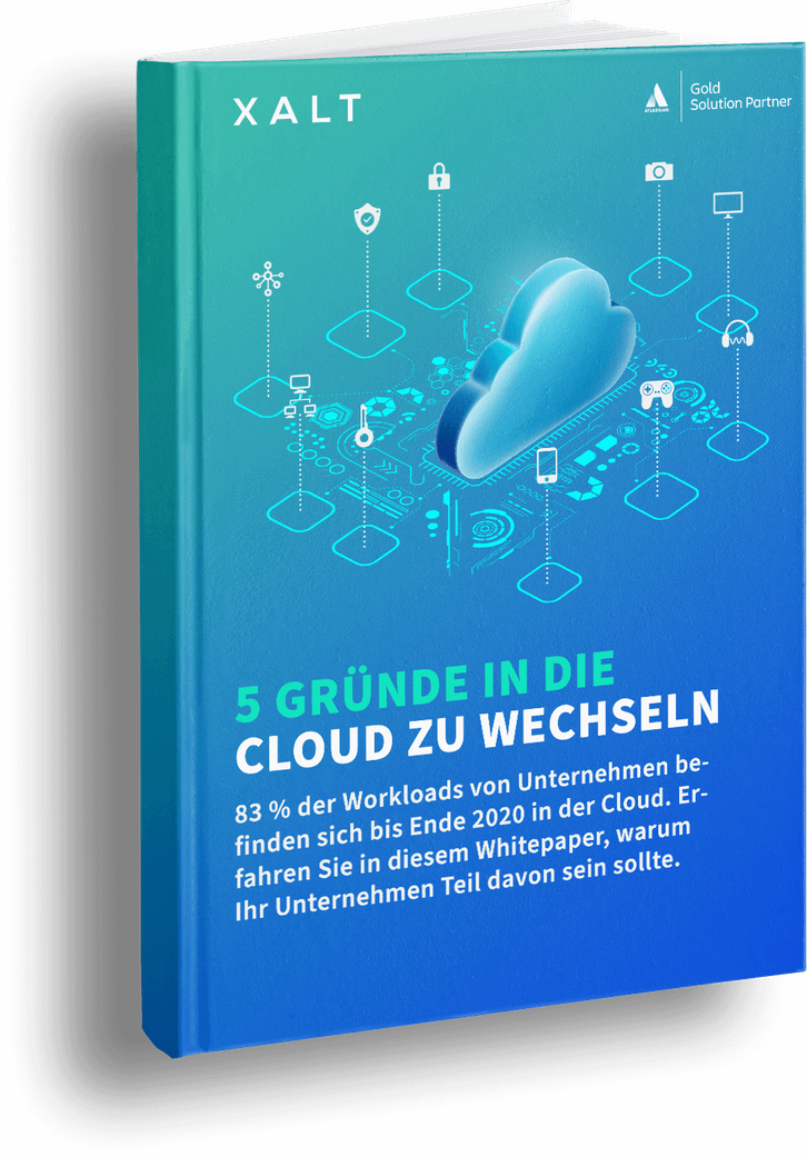Cover des Whitepapers »5 Gründe in die Cloud zu wechseln« mit einer 3D-Cloud und Technik-Icons