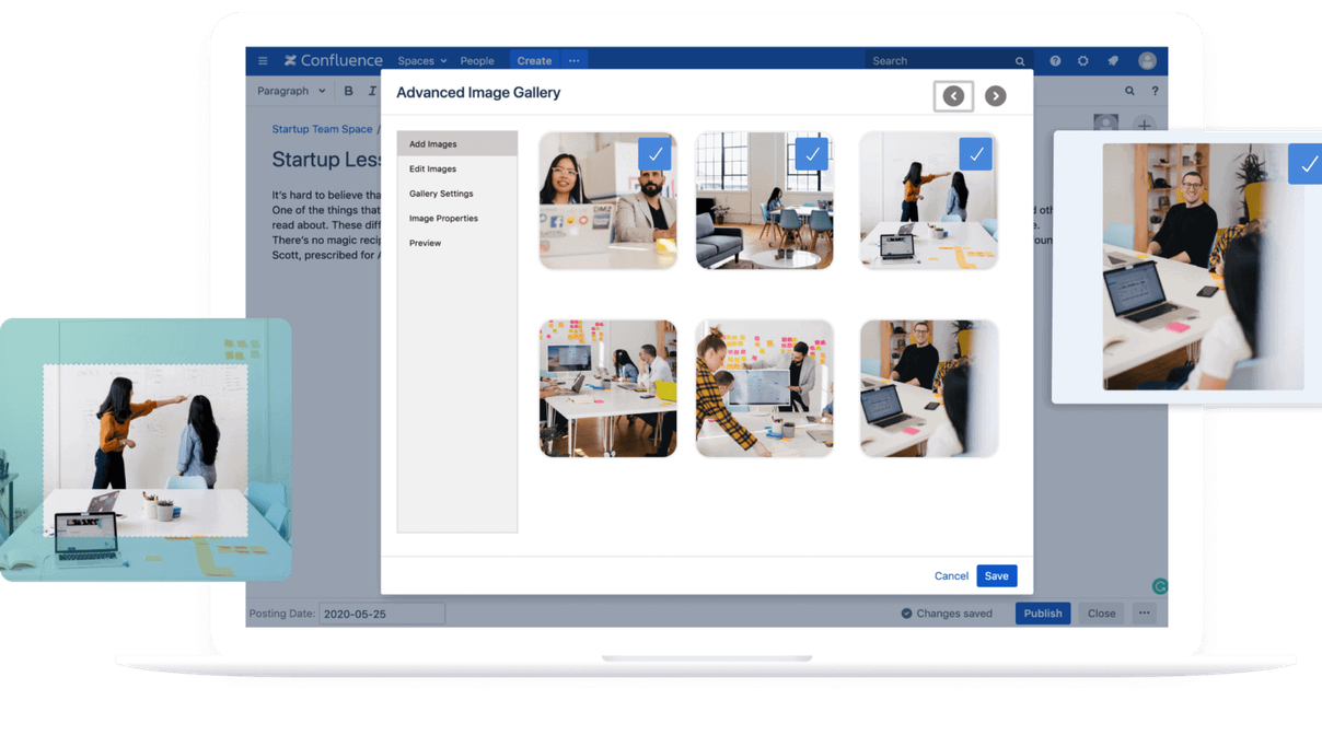 Ein Confluence-Fenster mit geöffnetem Dialog „Advanced Image Gallery“ und einem Raster aus Bildern