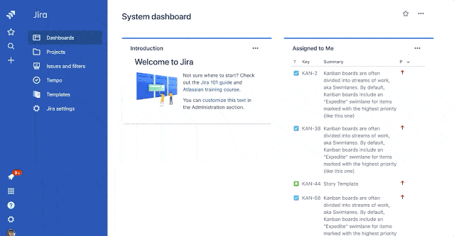 Jira-Dashboard mit Onboarding-Aufgaben und Ticketübersicht