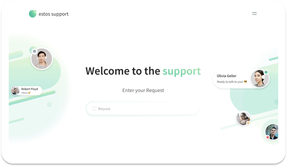 Design-Entwurf für das Support-Portal: eine helle Startseite mit der Überschrift „Welcome to the support“, einem Eingabefeld und Portraits von Ansprechpartnern