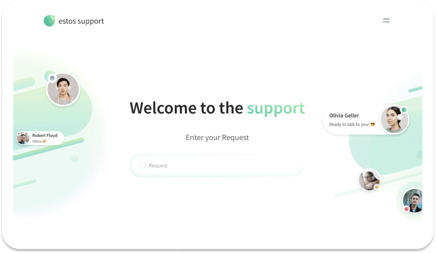 Design-Entwurf für das Support-Portal: eine helle Startseite mit der Überschrift „Welcome to the support“, einem Eingabefeld und Portraits von Ansprechpartnern