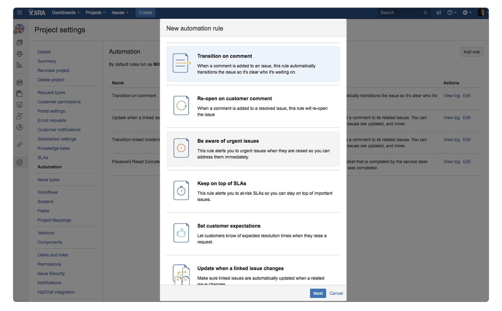 Die Jira-Projekteinstellungen mit einem Fenster zum Anlegen einer neuen Automatisierungsregel