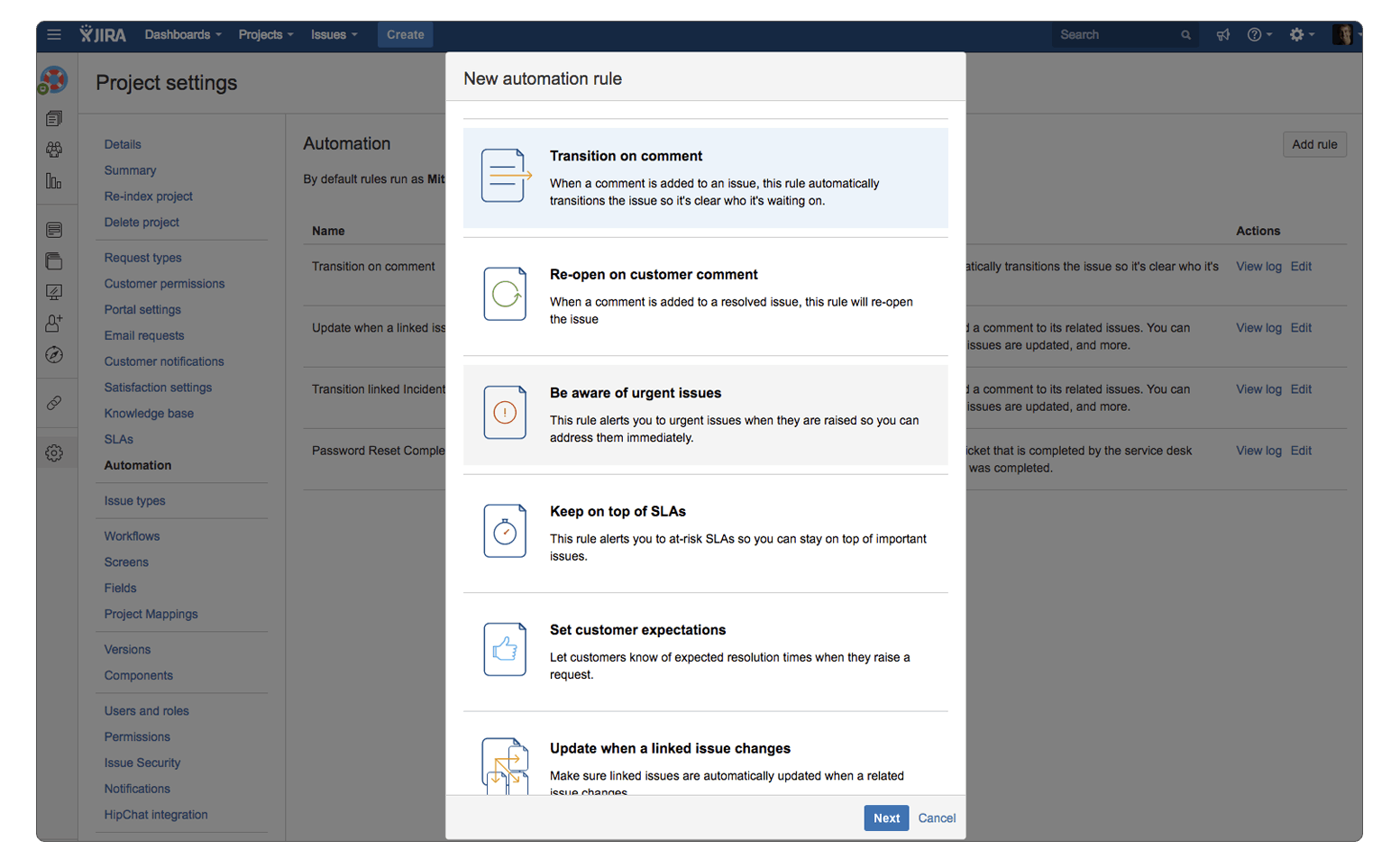 Die Jira-Projekteinstellungen mit einem Fenster zum Anlegen einer neuen Automatisierungsregel