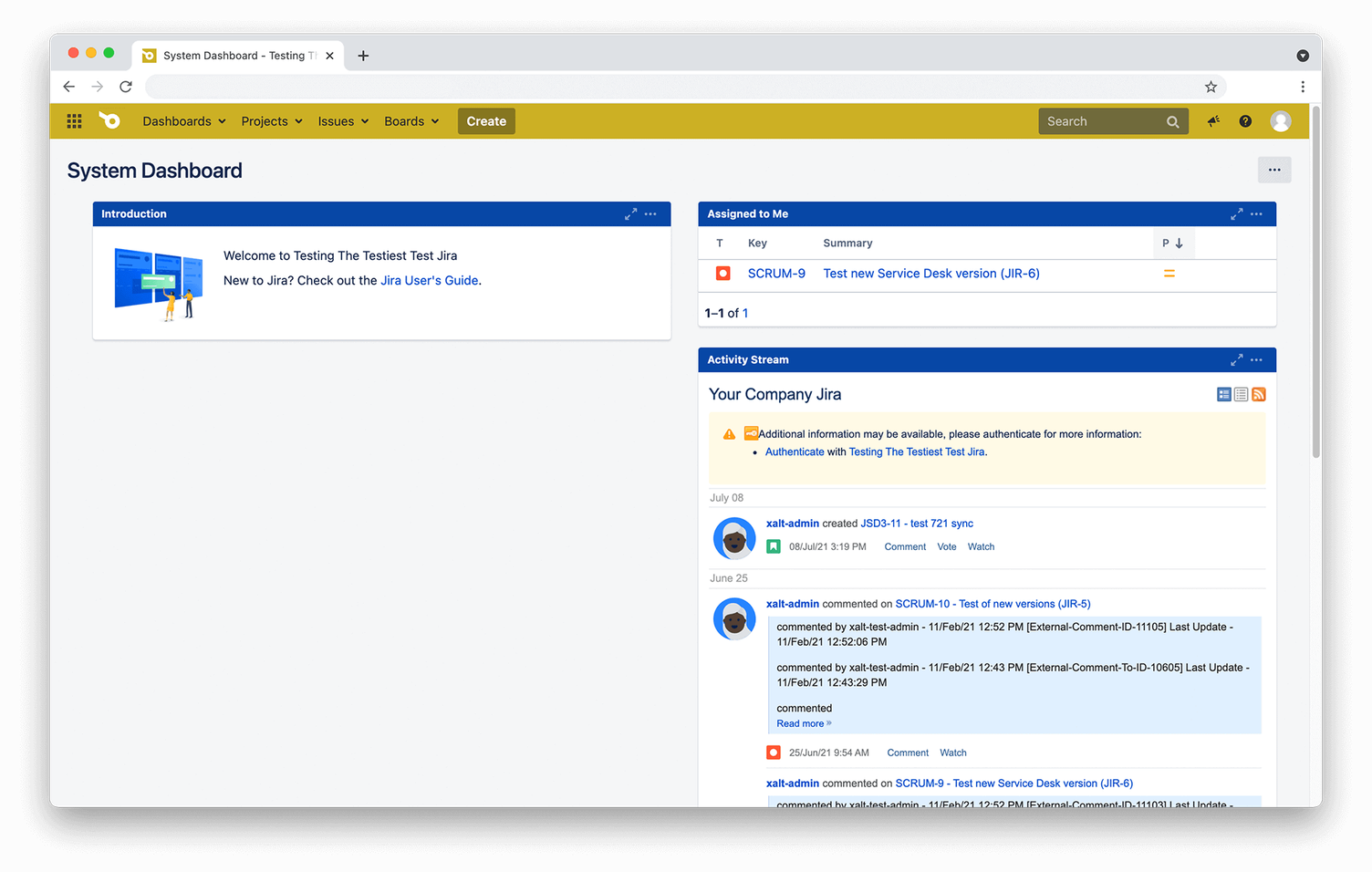 Jira-System-Dashboard aus der Sicht eines anderen Users mit den Bereichen Einführung, Mir zugewiesen und Aktivitäten