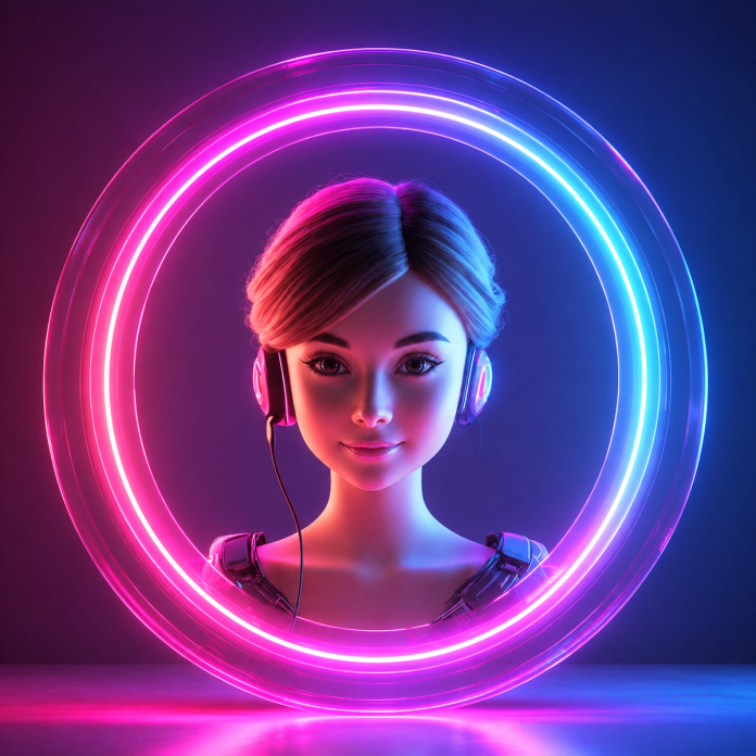 A smiling woman with a headset inside a glowing ring of pink and blue light