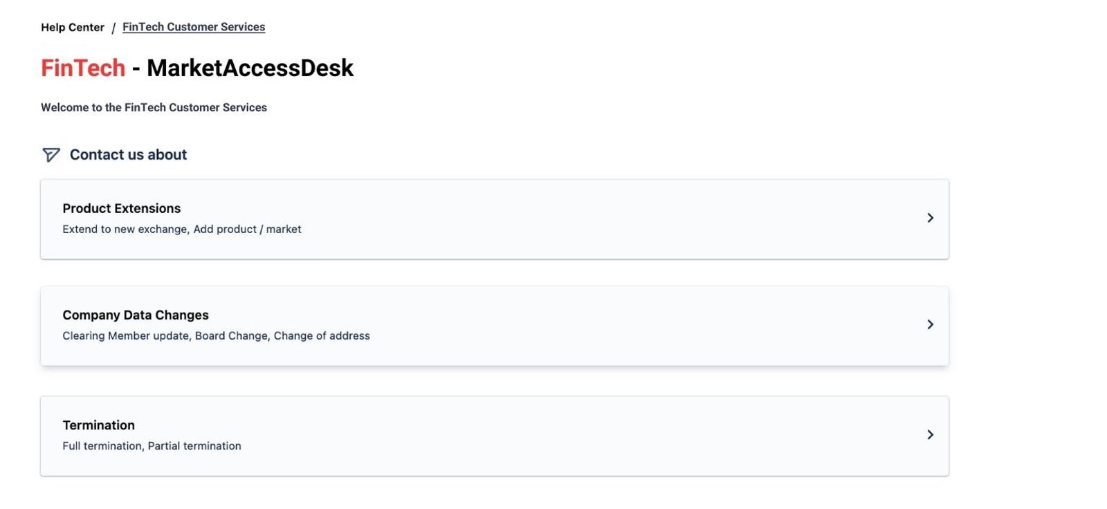 Customer portal home page with three cards: product extension, company data changes, and termination