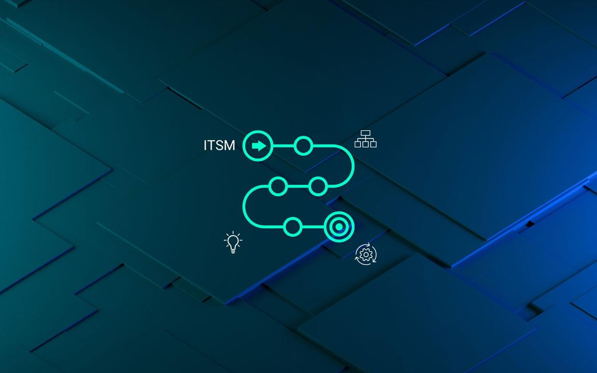 ITSM-Infografik mit Prozesspfeilen und Symbolen für Automatisierung, Monitoring und Konfiguration auf blauem Hintergrund.