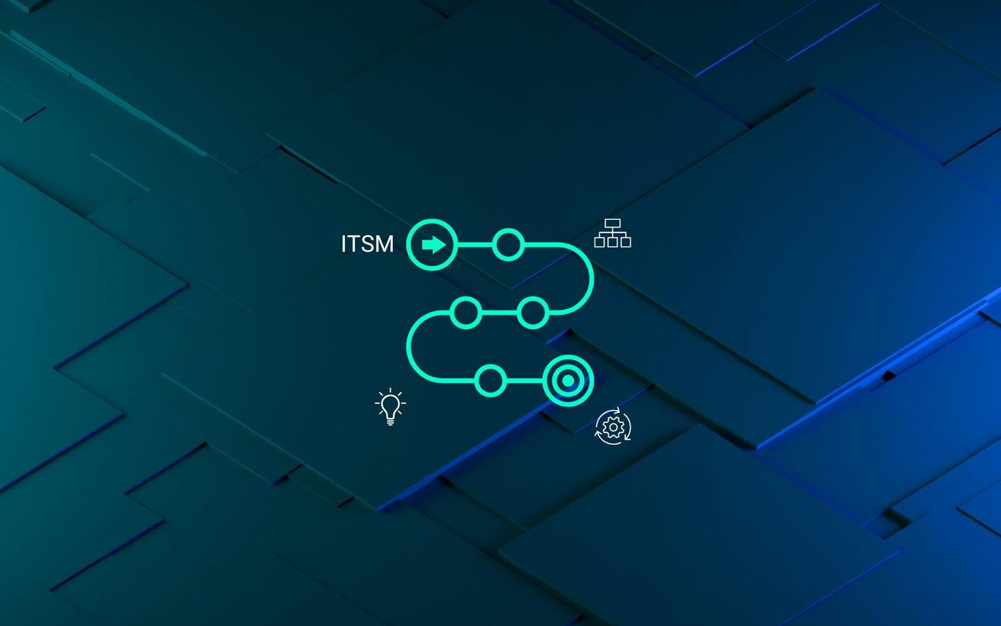 ITSM-Infografik mit Prozesspfeilen und Symbolen für Automatisierung, Monitoring und Konfiguration auf blauem Hintergrund.