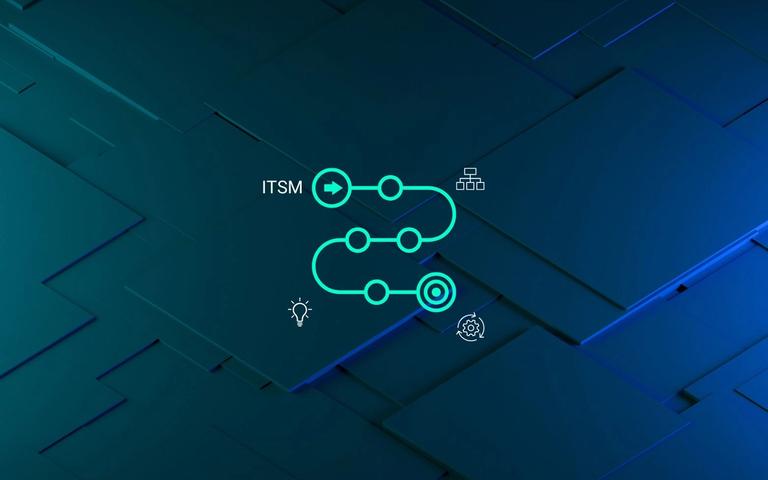 ITSM-Infografik mit Prozesspfeilen und Symbolen für Automatisierung, Monitoring und Konfiguration auf blauem Hintergrund.