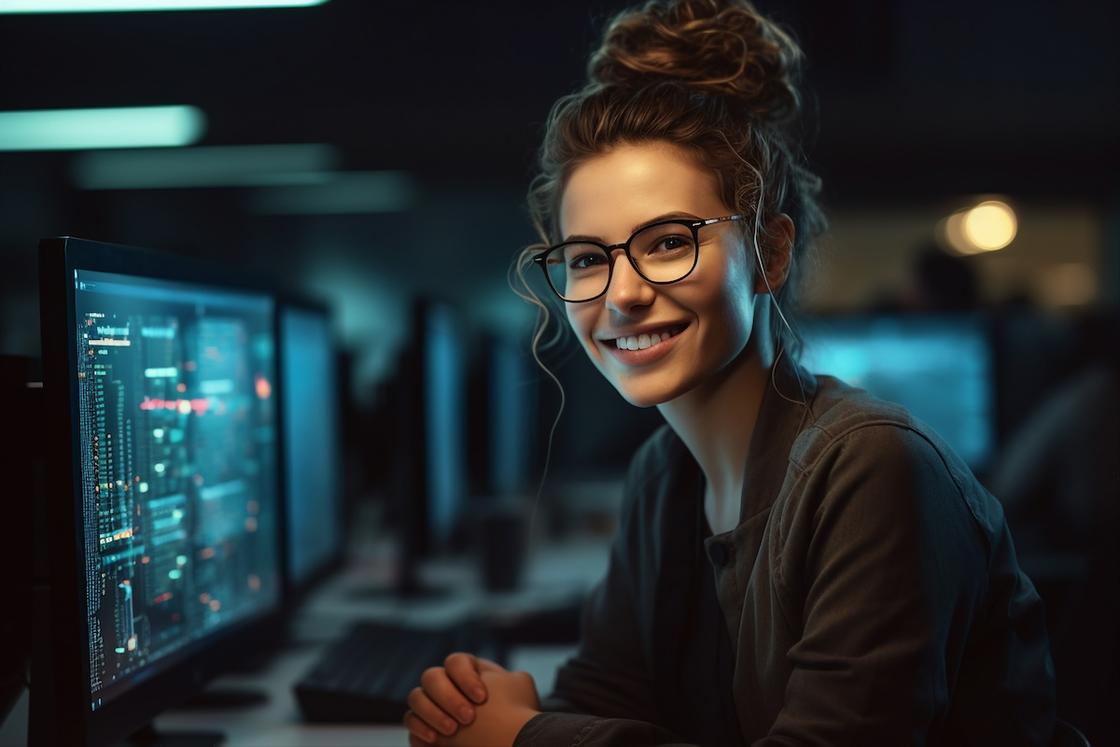Eine Frau mit Brille sitzt lächelnd an einem Schreibtisch mit mehreren Monitoren, auf denen Code und Daten zu sehen sind