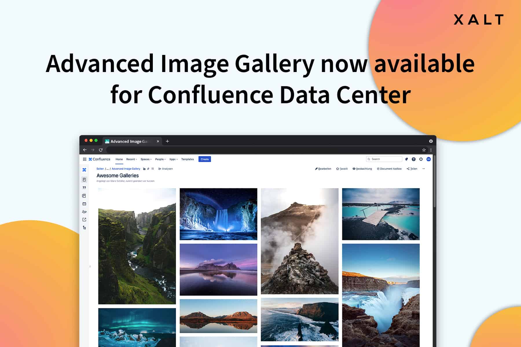 XALT-Banner Advanced Image Gallery now available for Confluence Data Center mit Screenshot einer Bildergalerie in Confluence.