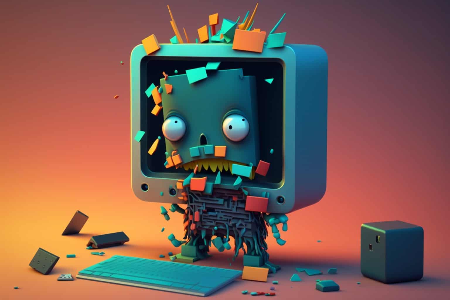 Cartoon-Computer mit erschrockenem Gesicht, der in bunte Bausteine zerfällt — Symbol für Softwarefehler.