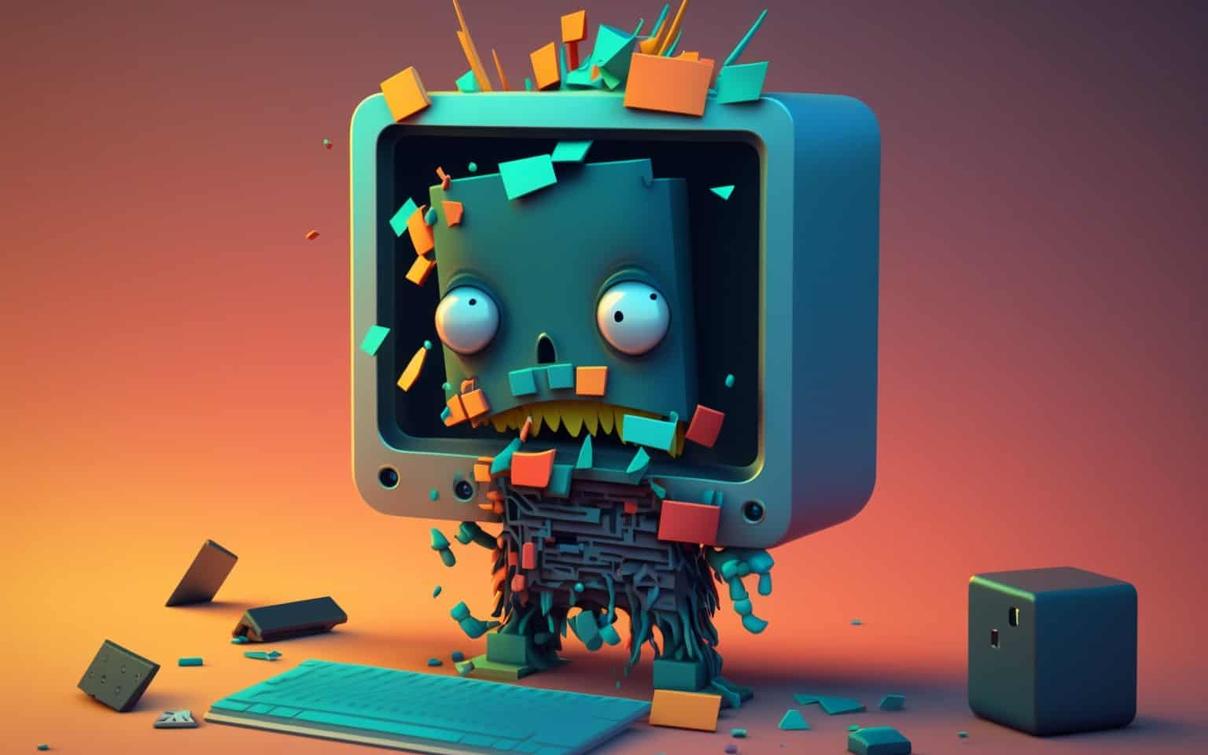 Cartoon-Computer mit erschrockenem Gesicht, der in bunte Bausteine zerfällt — Symbol für Softwarefehler.