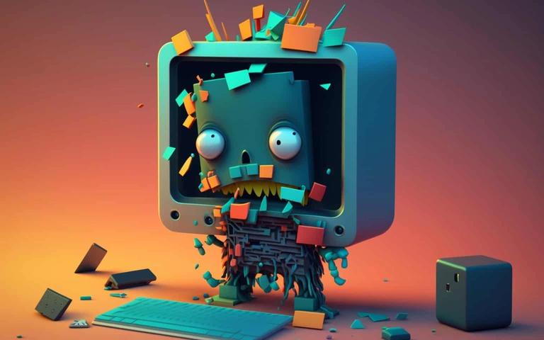 Cartoon computer with a shocked expression breaking apart into colorful blocks, symbolizing software errors.