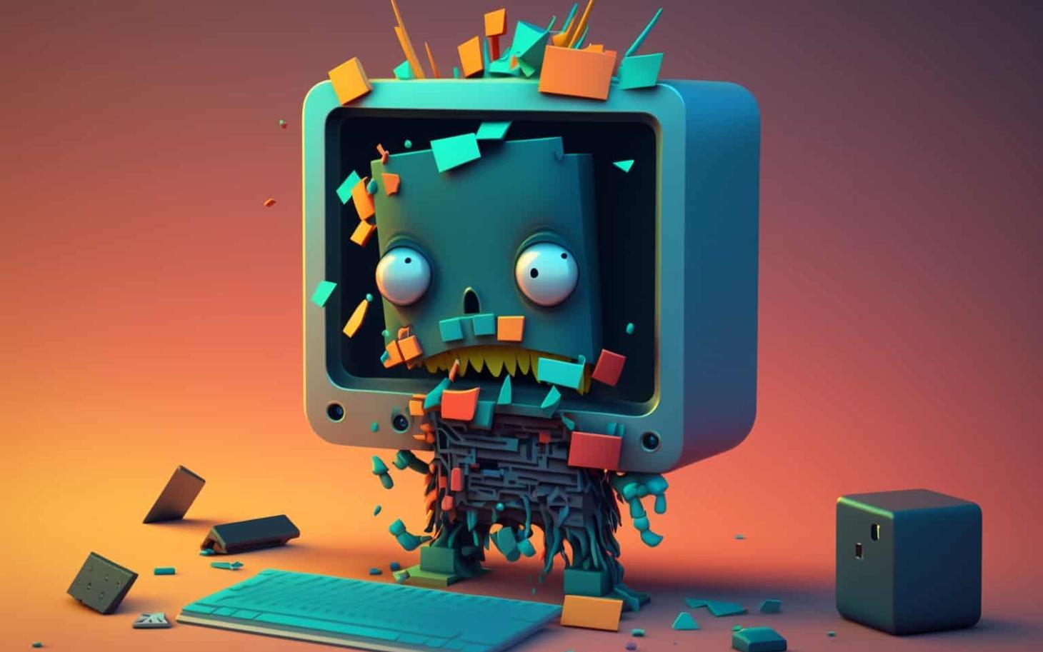 Cartoon-Computer mit erschrockenem Gesicht, der in bunte Bausteine zerfällt — Symbol für Softwarefehler.