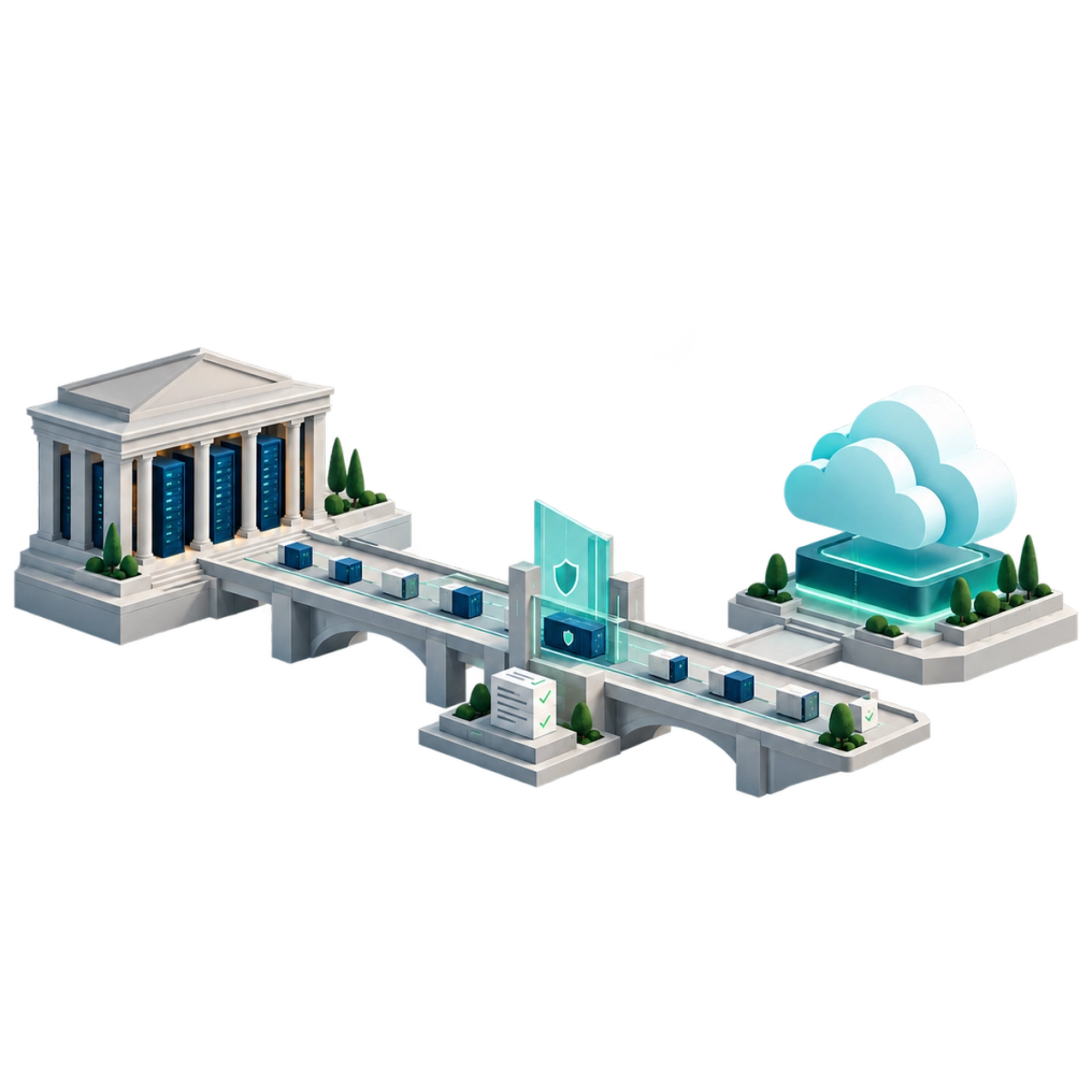 Public-sector building and cloud connected by a bridge with security and audit symbols