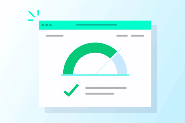 Illustration eines Browserfensters mit einer grünen Tacho-Anzeige und einem Häkchen – für Performance-Monitoring