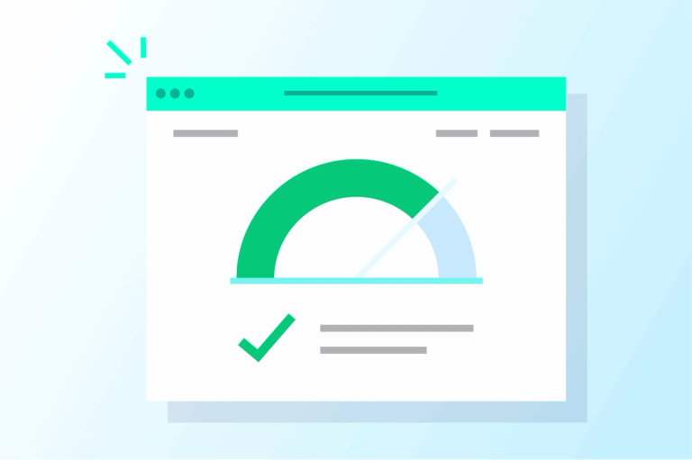 Illustration eines Browserfensters mit einer grünen Tacho-Anzeige und einem Häkchen – für Performance-Monitoring