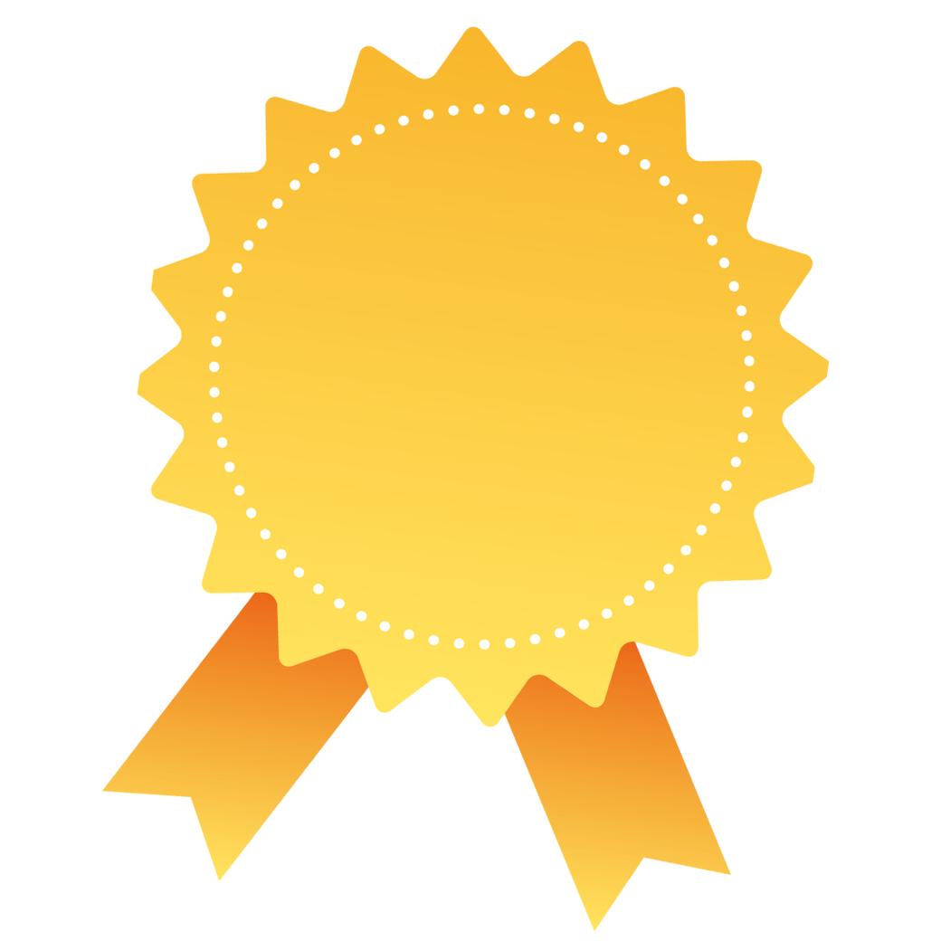 Eine gelbe Auszeichnungs-Rosette mit orangefarbenen Bändern