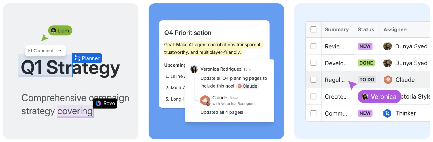Three connected views show Planner, Rovo and Claude working together on strategy and tasks.