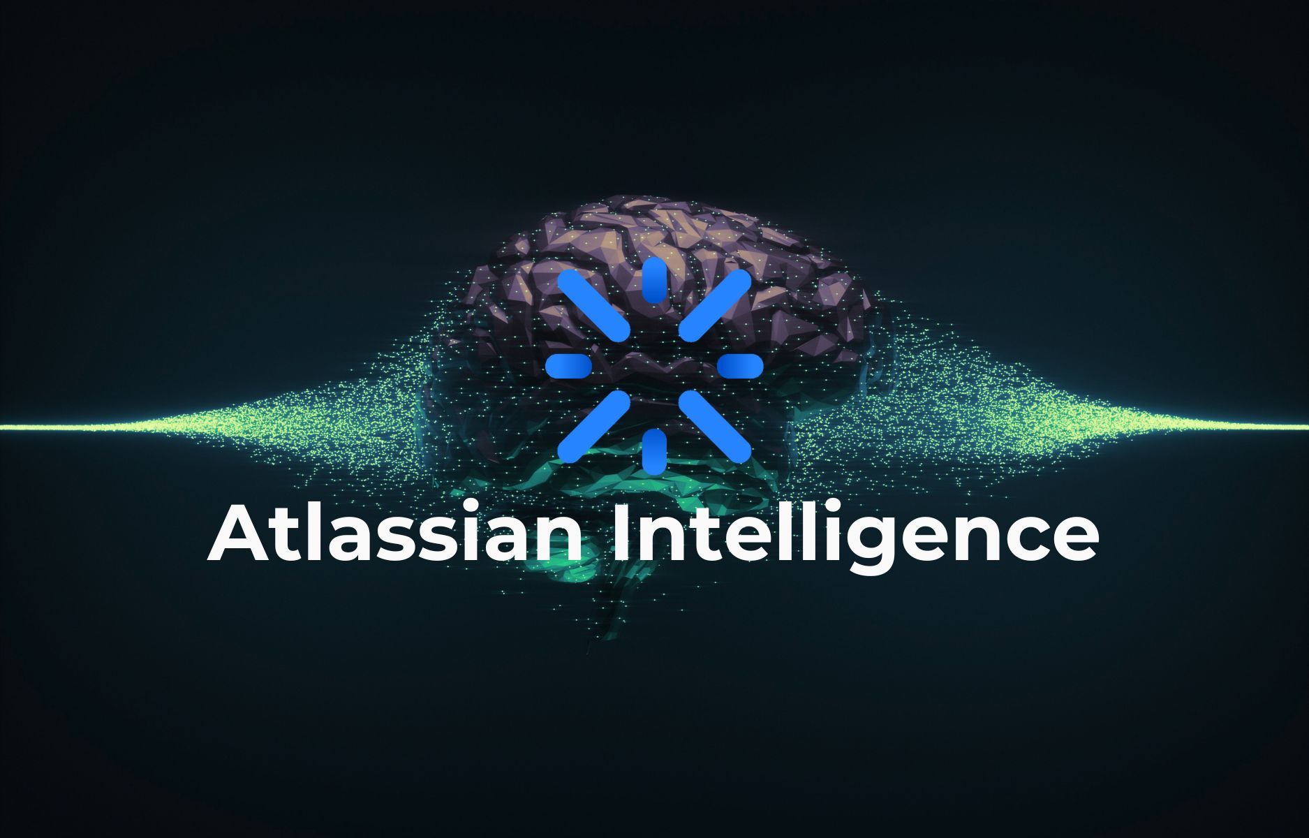 Atlassian Intelligence logo: blue Atlassian symbol in front of a digital brain with green particles on dark background.