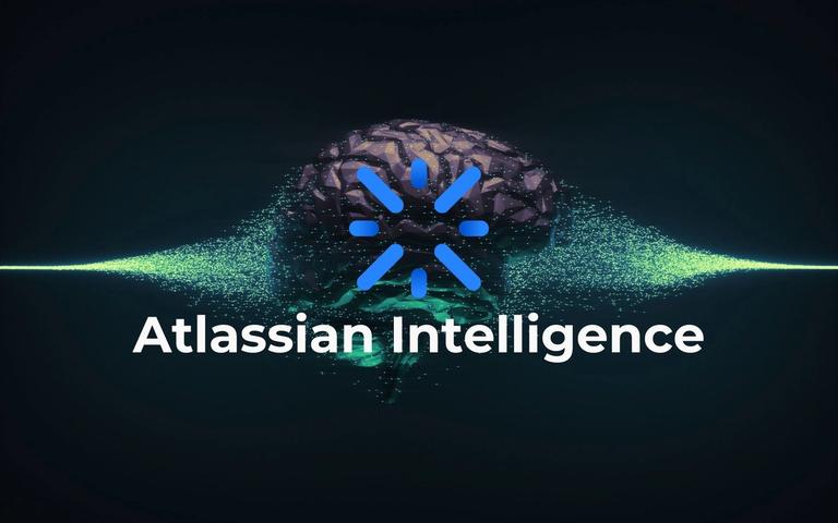 Atlassian Intelligence logo: blue Atlassian symbol in front of a digital brain with green particles on dark background.
