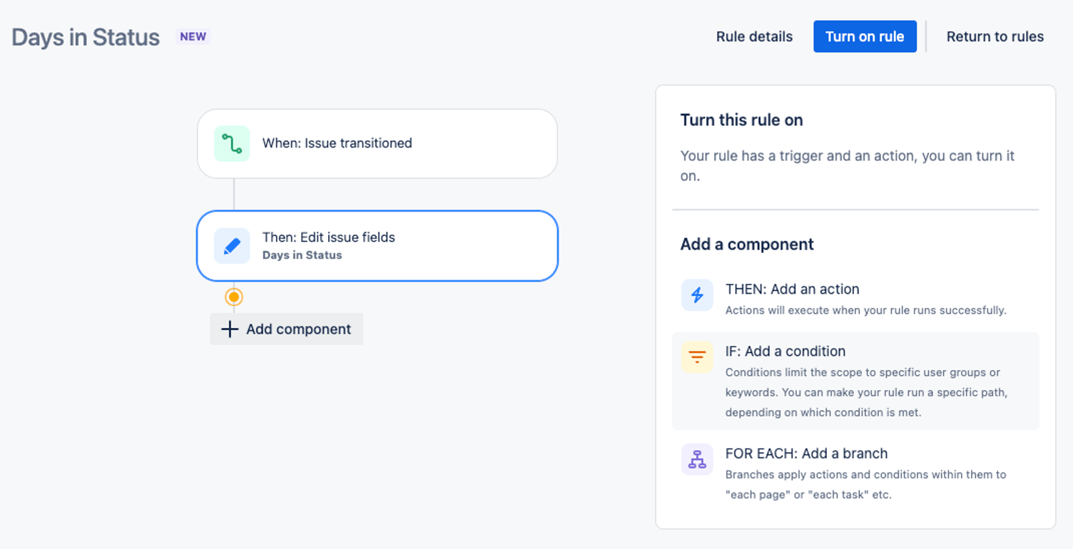 Screenshot einer Jira-Automatisierungsregel „Days in Status": links der Auslöser bei Statuswechsel und die Aktion zum Feld, rechts die Auswahl weiterer Komponenten