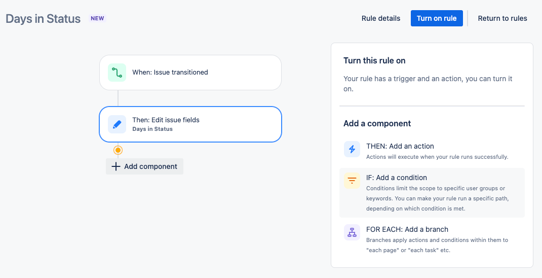 Screenshot einer Jira-Automatisierungsregel „Days in Status": links der Auslöser bei Statuswechsel und die Aktion zum Feld, rechts die Auswahl weiterer Komponenten