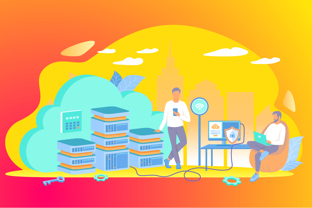 Illustration mit Servern, Cloud-Symbol, Schloss und zwei Personen — eine am Laptop, eine am Smartphone — vor einer Stadtansicht.