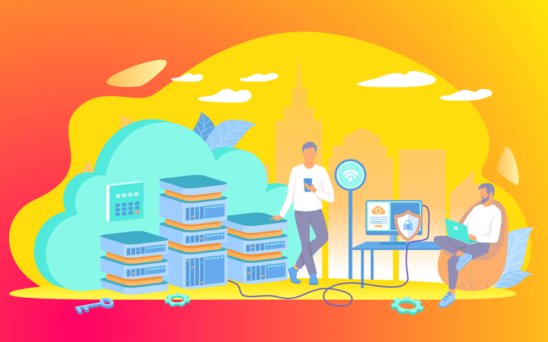 Illustration mit Servern, Cloud-Symbol, Schloss und zwei Personen — eine am Laptop, eine am Smartphone — vor einer Stadtansicht.