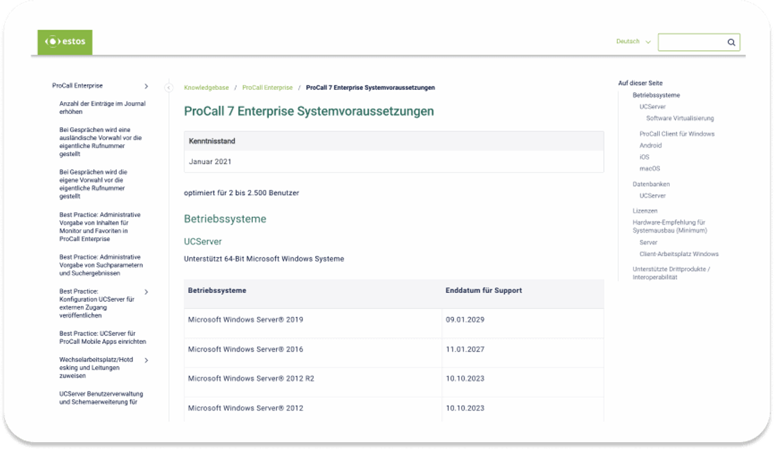 Artikel „ProCall 7 Enterprise Systemvoraussetzungen“ im Portal: Navigationsbaum links, Inhaltsverzeichnis rechts, Tabelle der Windows-Server