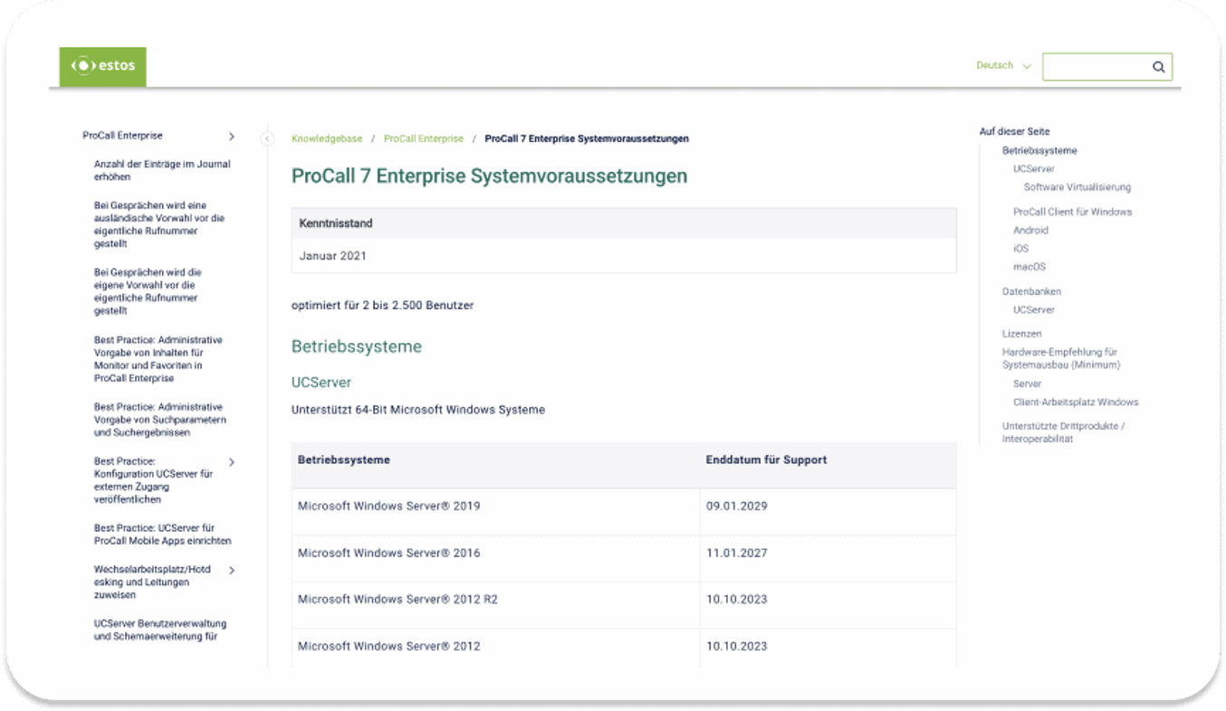 Artikel „ProCall 7 Enterprise Systemvoraussetzungen“ im Portal: Navigationsbaum links, Inhaltsverzeichnis rechts, Tabelle der Windows-Server