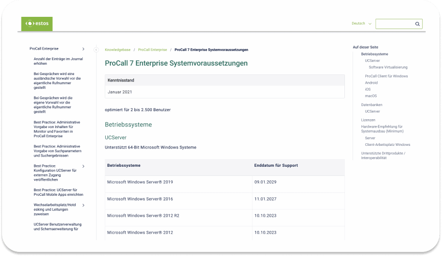 Artikel „ProCall 7 Enterprise Systemvoraussetzungen“ im Portal: Navigationsbaum links, Inhaltsverzeichnis rechts, Tabelle der Windows-Server