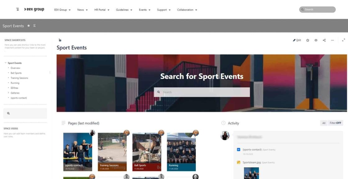 Der Bereich „Sport Events“ im EEX-Intranet: Navigationsbaum links, ein Suchbanner und Seitenkacheln zu Ballsport, Training und Laufen