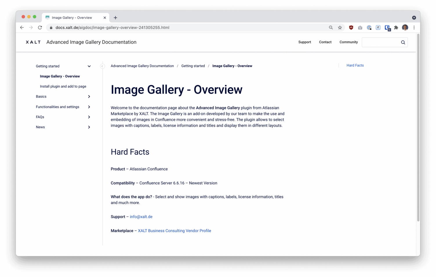 Artikelseite „Image Gallery – Overview“ im Hilfe-Center mit Navigation links, Brotkrumen und Abschnitt Hard Facts