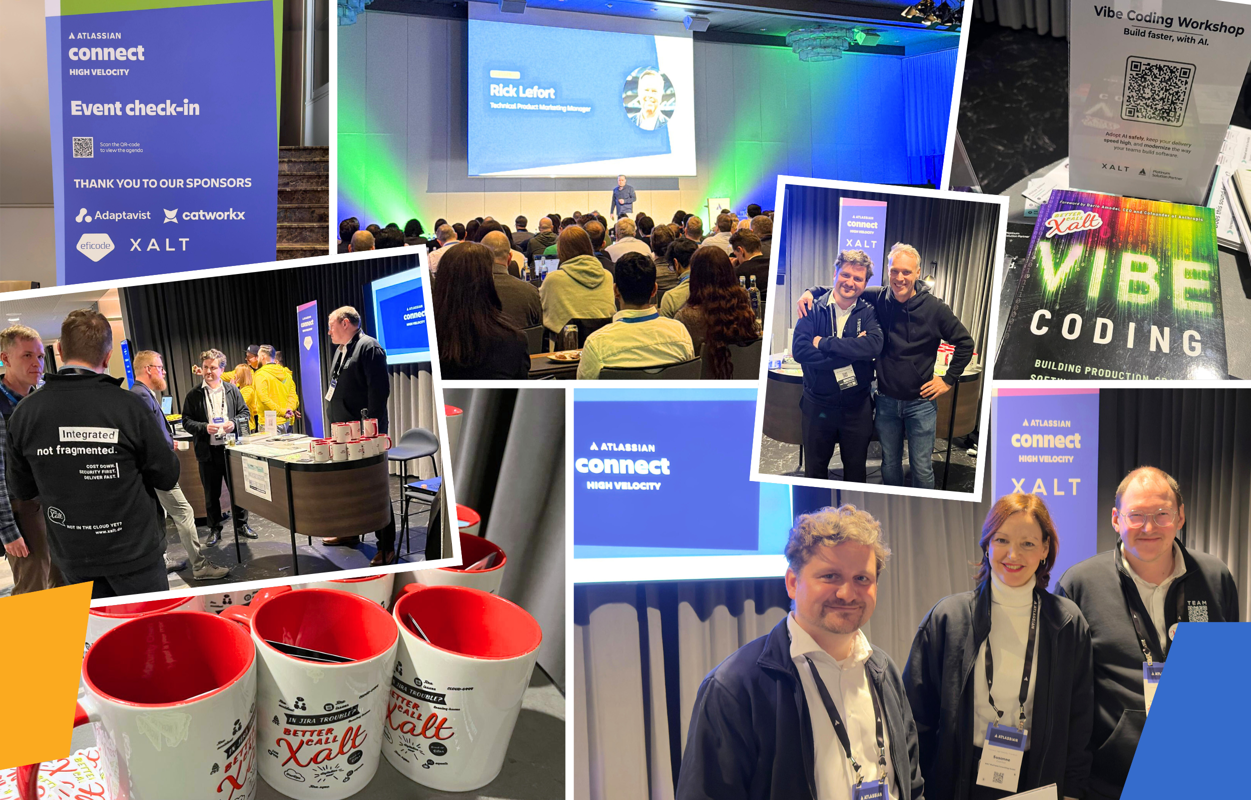 Collage vom Atlassian Connect High Velocity Event: Vortragender auf Bühne, Teilnehmer, Sponsoren-Banner von Adaptivestwist, catworx und XALT.
