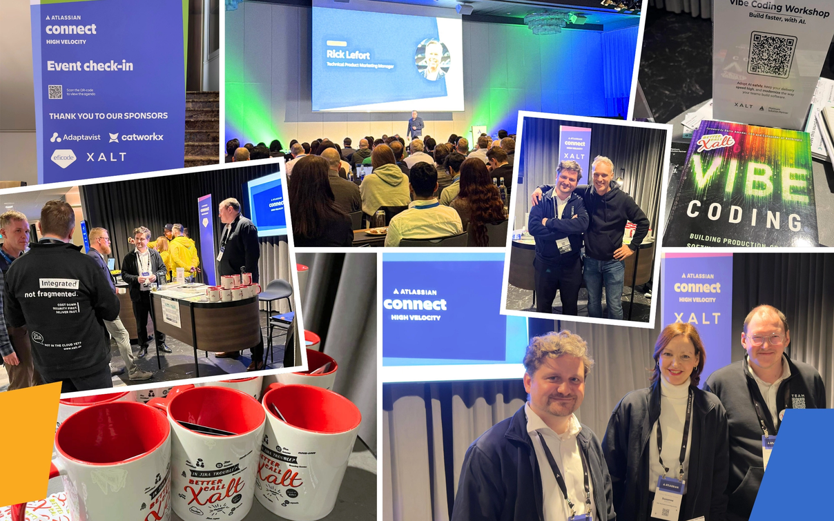 Collage vom Atlassian Connect High Velocity Event: Vortragender auf Bühne, Teilnehmer, Sponsoren-Banner von Adaptivestwist, catworx und XALT.
